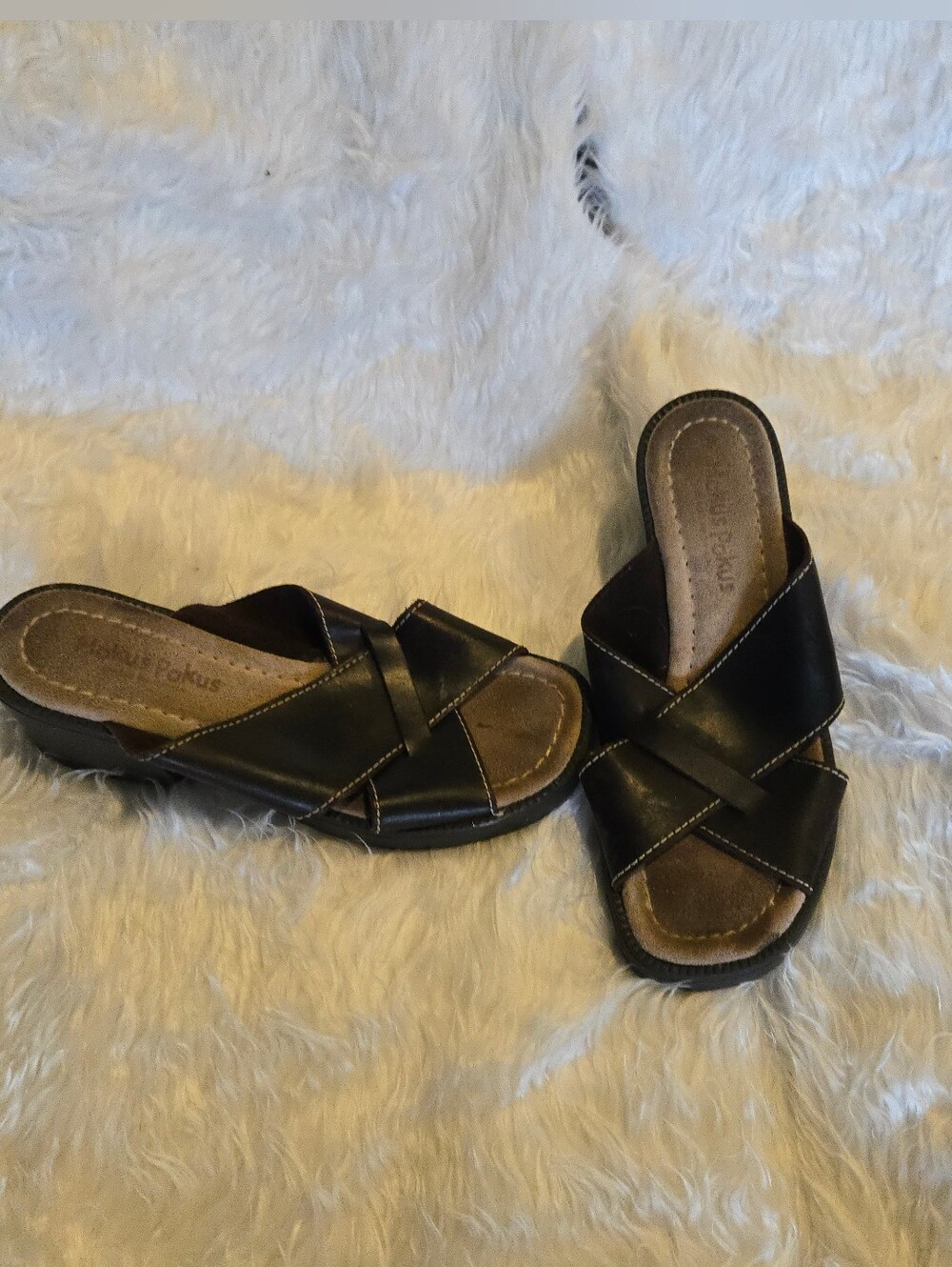 Hokus Pocus 90's Y2k Comfort Cross Leather Strap Slide Sandals Wedges Slip On 8